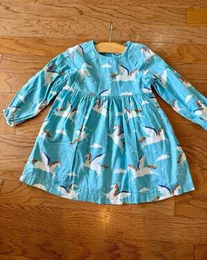 Mini Boden blue unicorn lined dress pockets 4-5